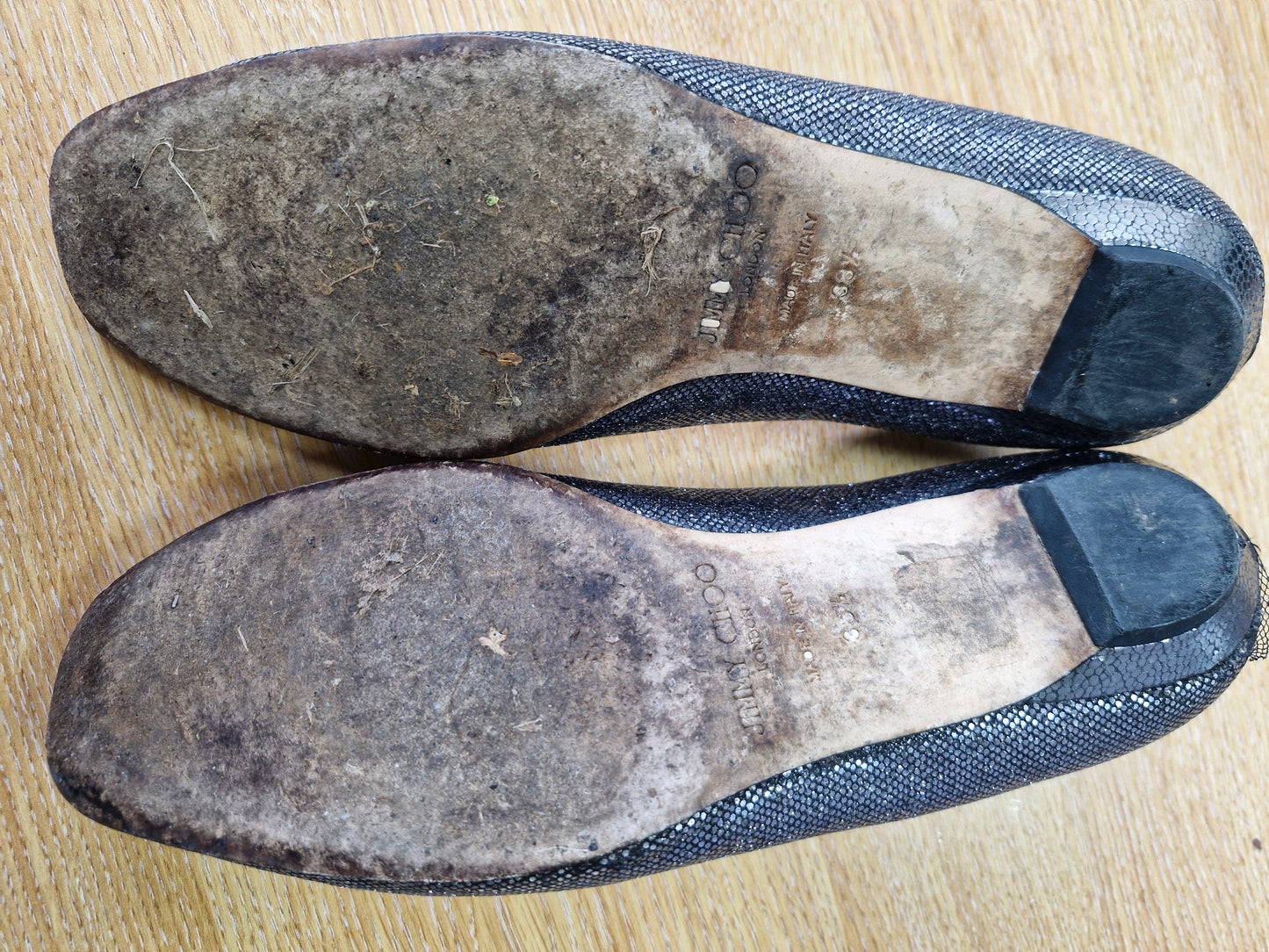 Silver / Black Jimmy Choo Flats, Well Worn